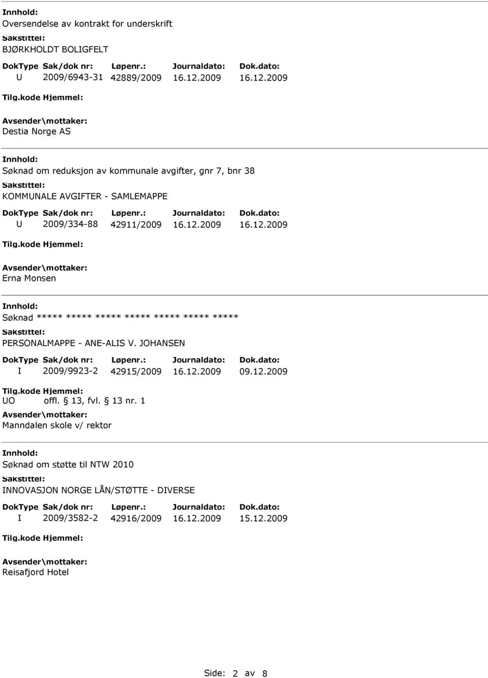 Søknad PERSONALMAPPE - ANE-ALS V. JOHANSEN O 2009/9923-2 42915/2009 Manndalen skole v/ rektor 09.12.