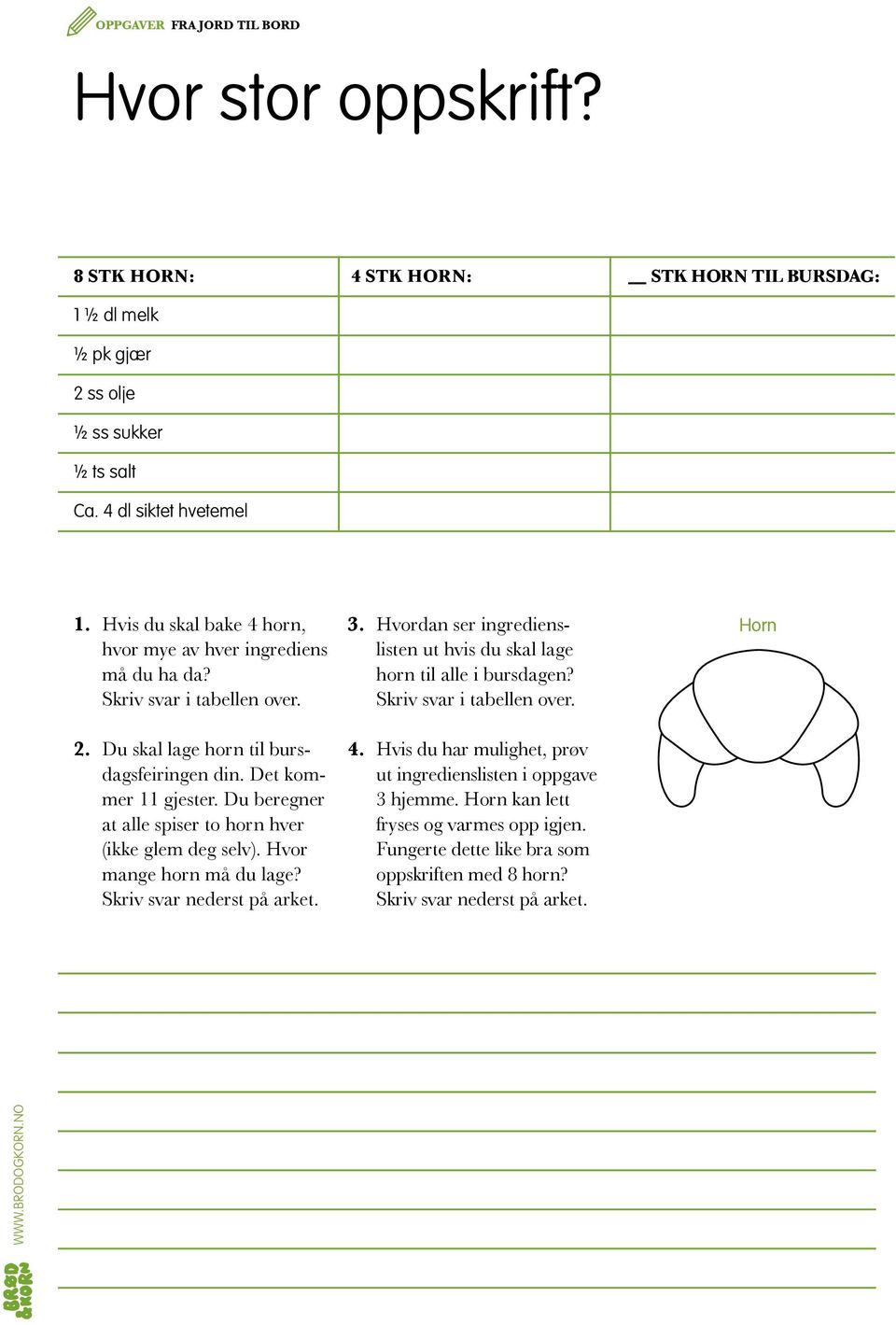 Du beregner at alle spiser to horn hver (ikke glem deg selv). Hvor mange horn må du lage? Skriv svar nederst på arket. 3.
