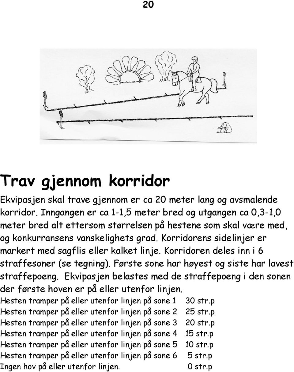 Korridorens sidelinjer er markert med sagflis eller kalket linje. Korridoren deles inn i 6 straffesoner (se tegning). Første sone har høyest og siste har lavest straffepoeng.