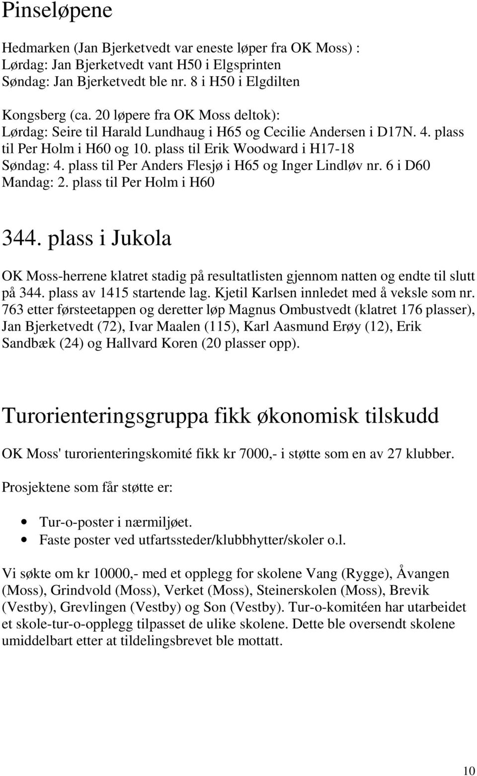 plass til Per Anders Flesjø i H65 og Inger Lindløv nr. 6 i D60 Mandag: 2. plass til Per Holm i H60 344.