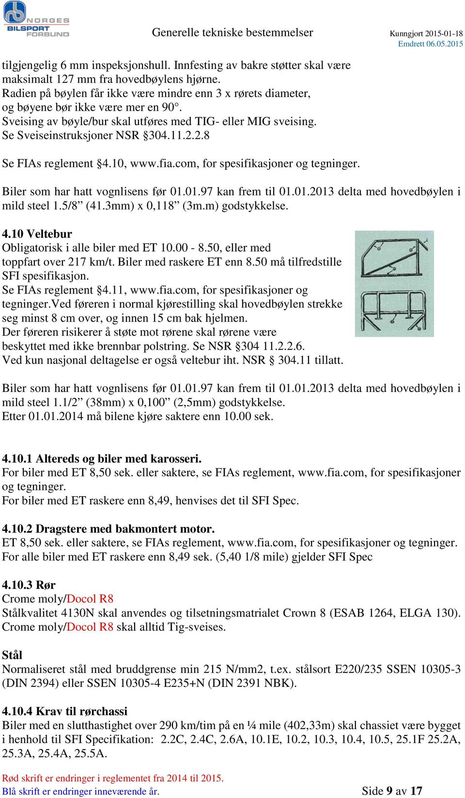 2.8 Se FIAs reglement 4.10, www.fia.com, for spesifikasjoner og tegninger. Biler som har hatt vognlisens før 01.01.97 kan frem til 01.01.2013 delta med hovedbøylen i mild steel 1.5/8 (41.