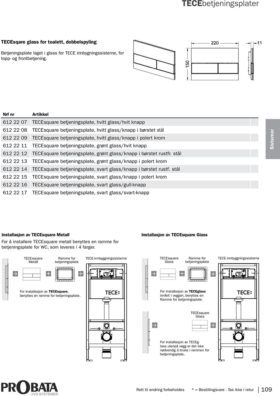 krom 612 22 11 TECEsquare betjeningsplate, grønt glass/hvit knapp 612 22 12 TECEsquare betjeningsplate, grønt glass/knapp i børstet rustfr.