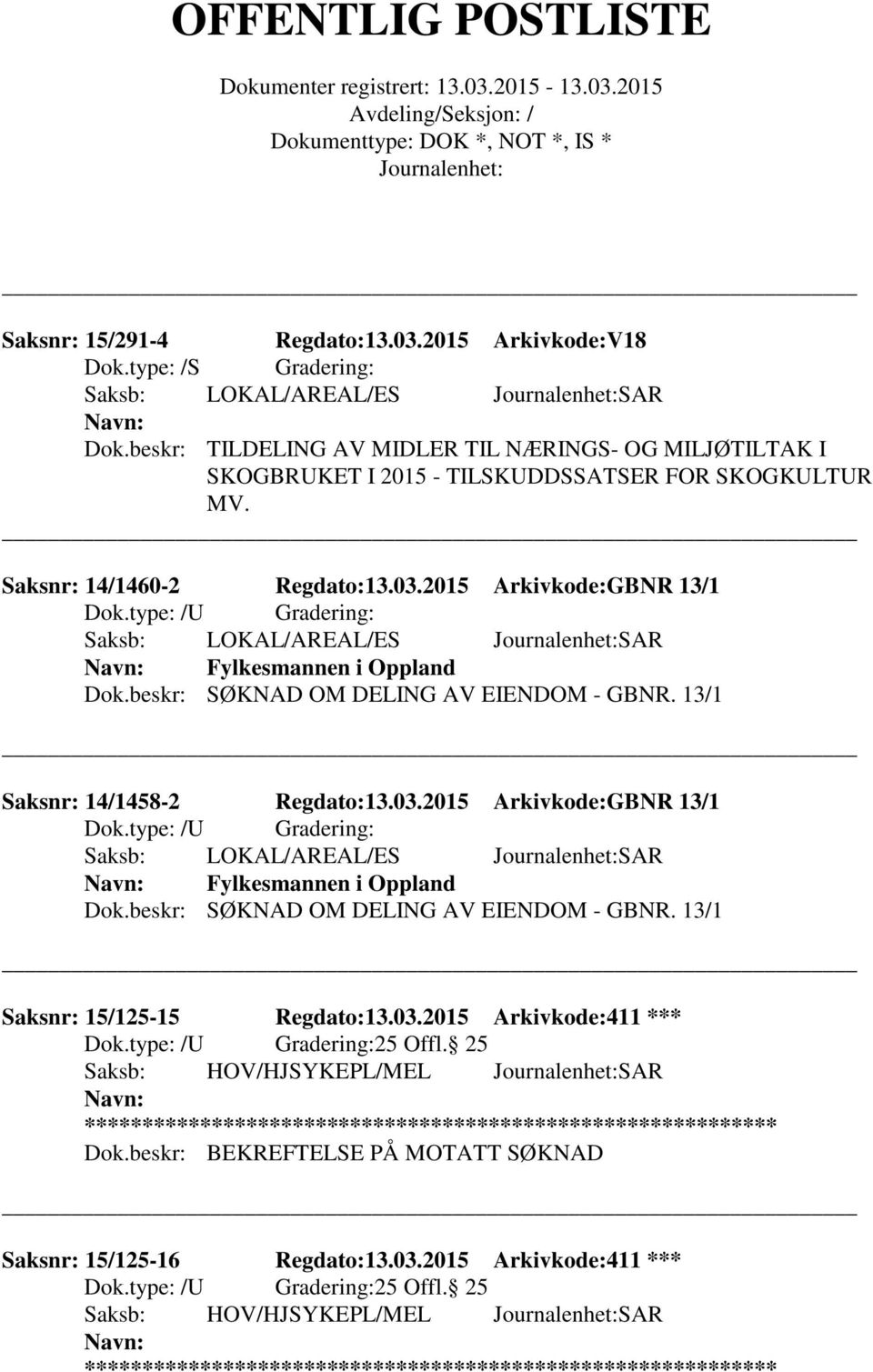 2015 Arkivkode:GBNR 13/1 Saksb: LOKAL/AREAL/ES SAR Fylkesmannen i Oppland Dok.beskr: SØKNAD OM DELING AV EIENDOM - GBNR. 13/1 Saksnr: 14/1458-2 Regdato:13.03.