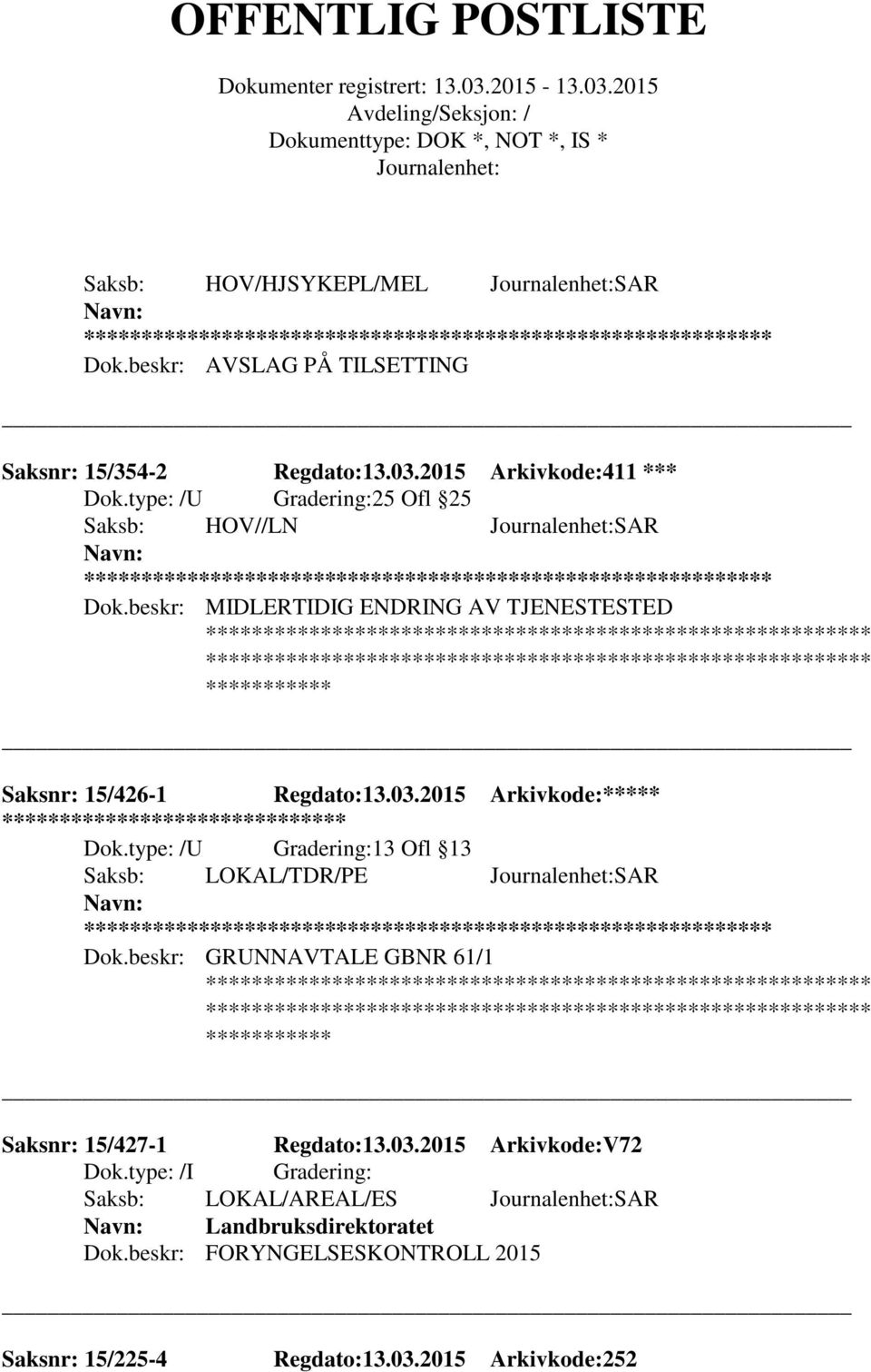 beskr: MIDLERTIDIG ENDRING AV TJENESTESTED Saksnr: 15/426-1 Regdato:13.03.