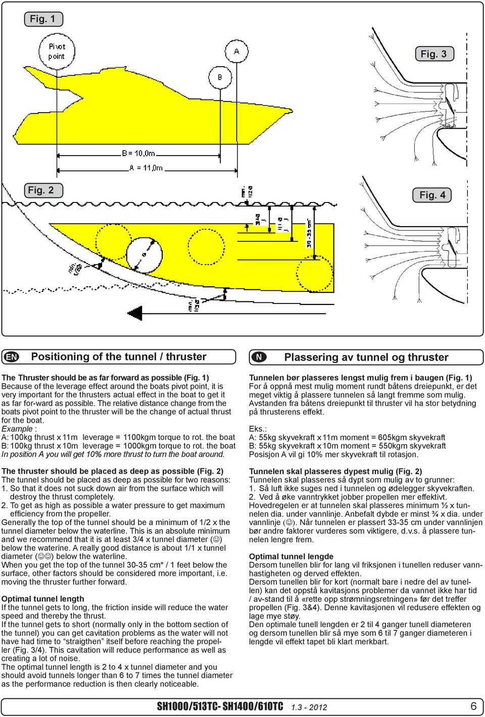 The relative distance change from the boats pivot point to the thruster will be the change of actual thrust for the boat. Example : A: 100kg thrust x 11m leverage = 1100kgm torque to rot.