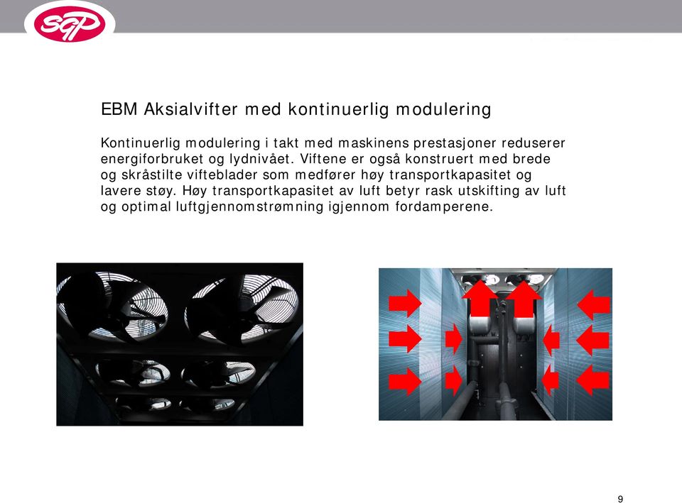 Viftene er også konstruert med brede og skråstilte vifteblader som medfører høy