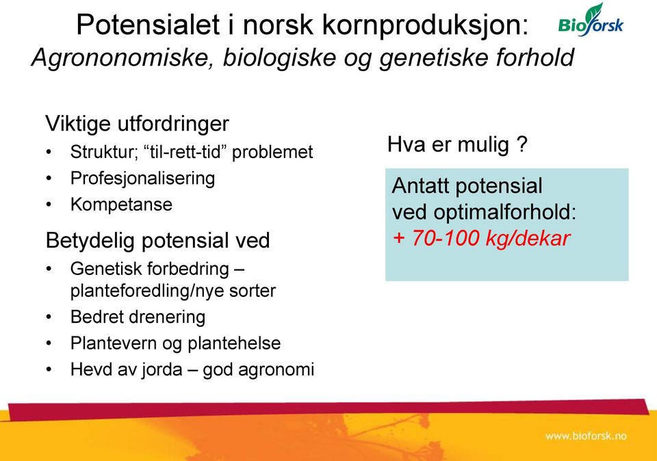 potensial ved Genetisk forbedring planteforedling/nye sorter Bedret drenering Plantevern og