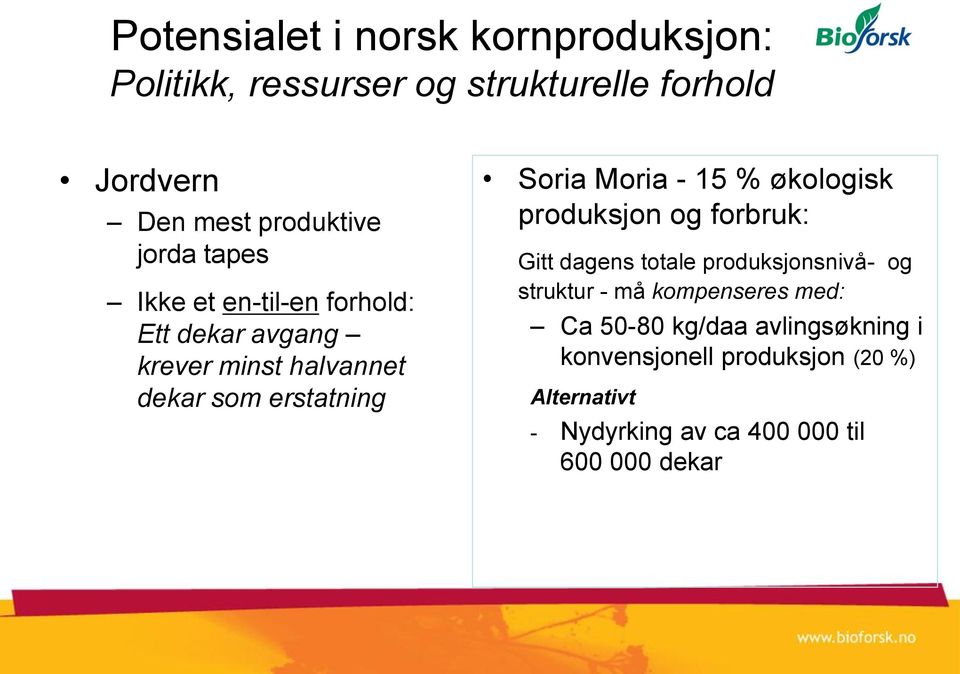 - 15 % økologisk produksjon og forbruk: Gitt dagens totale produksjonsnivå- og struktur - må kompenseres med: Ca