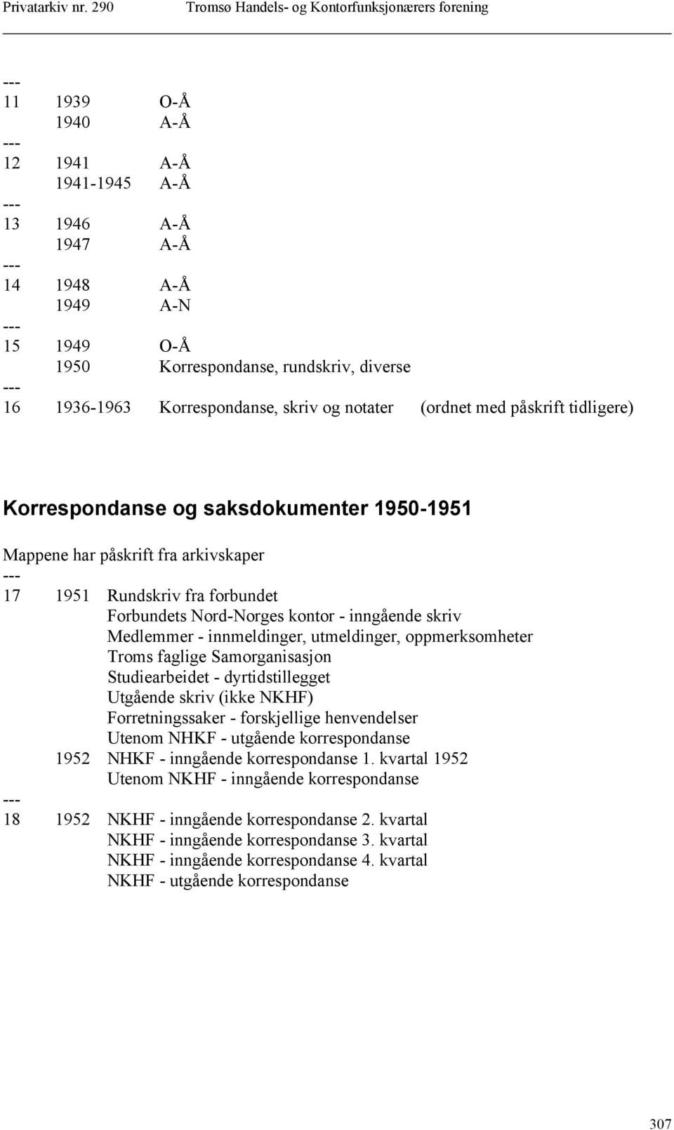 innmeldinger, utmeldinger, oppmerksomheter Troms faglige Samorganisasjon Studiearbeidet - dyrtidstillegget Utgående skriv (ikke NKHF) Forretningssaker - forskjellige henvendelser Utenom NHKF -