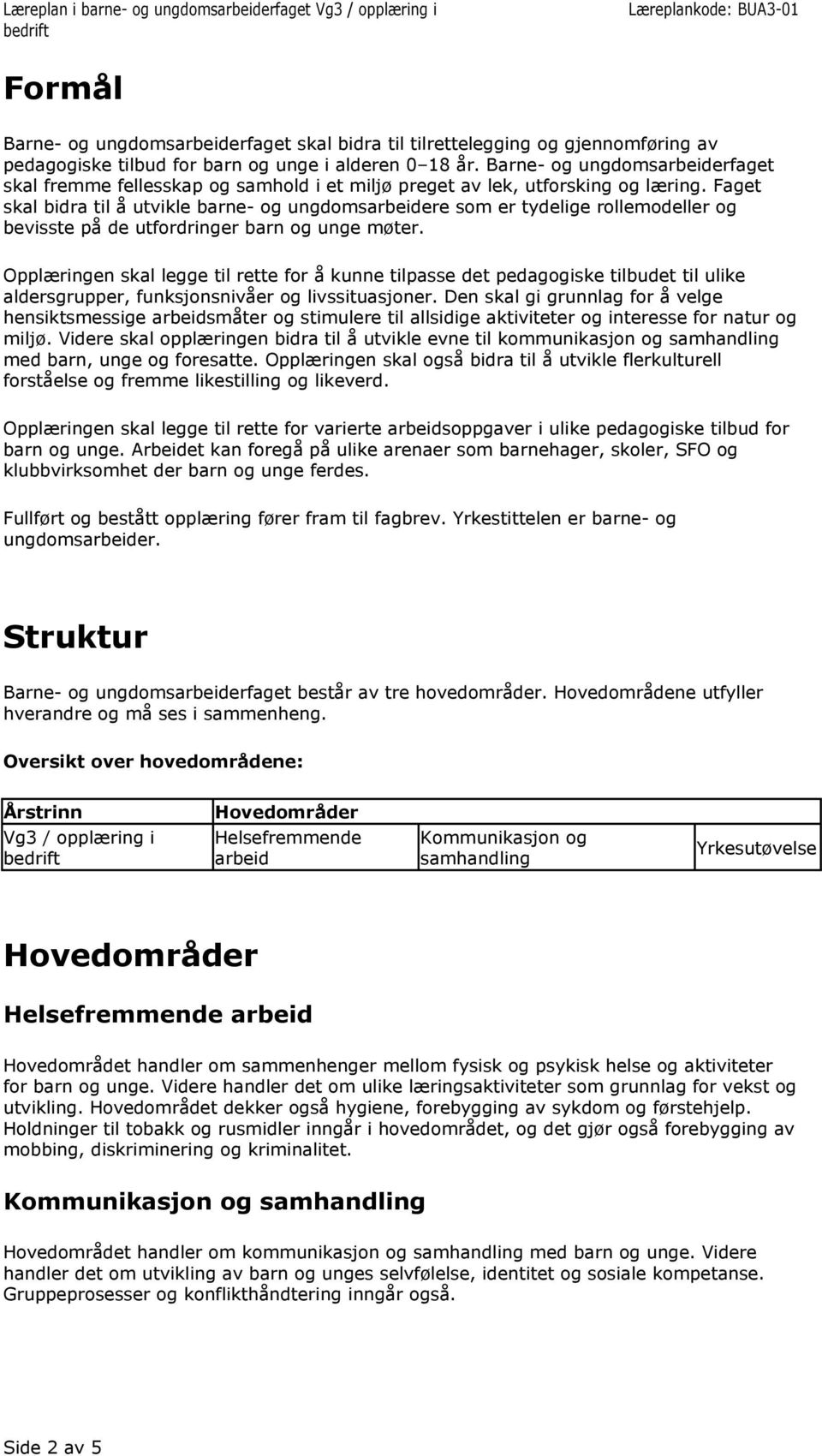 Faget skal bidra til å utvikle barne- og ungdomsarbeidere som er tydelige rollemodeller og bevisste på de utfordringer barn og unge møter.