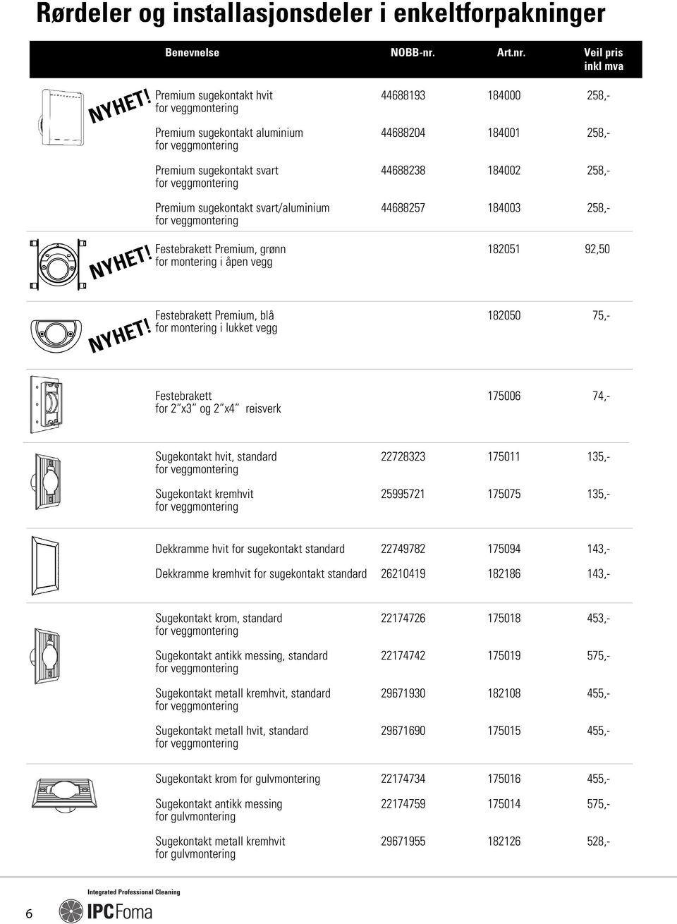 Festebrakett 175006 74,- for 2 x3 og 2 x4 reisverk Sugekontakt hvit, standard 22728323 175011 135,- Sugekontakt kremhvit 25995721 175075 135,- Dekkramme hvit for sugekontakt standard 22749782 175094