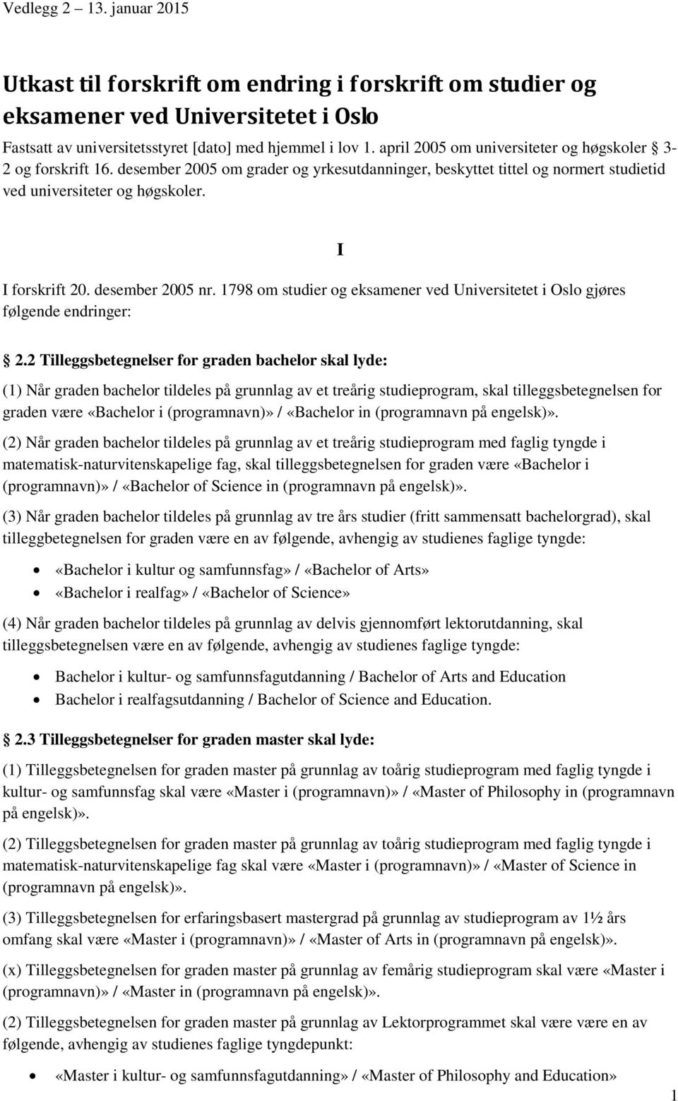 desember 2005 nr. 1798 om studier og eksamener ved Universitetet i Oslo gjøres følgende endringer: I 2.