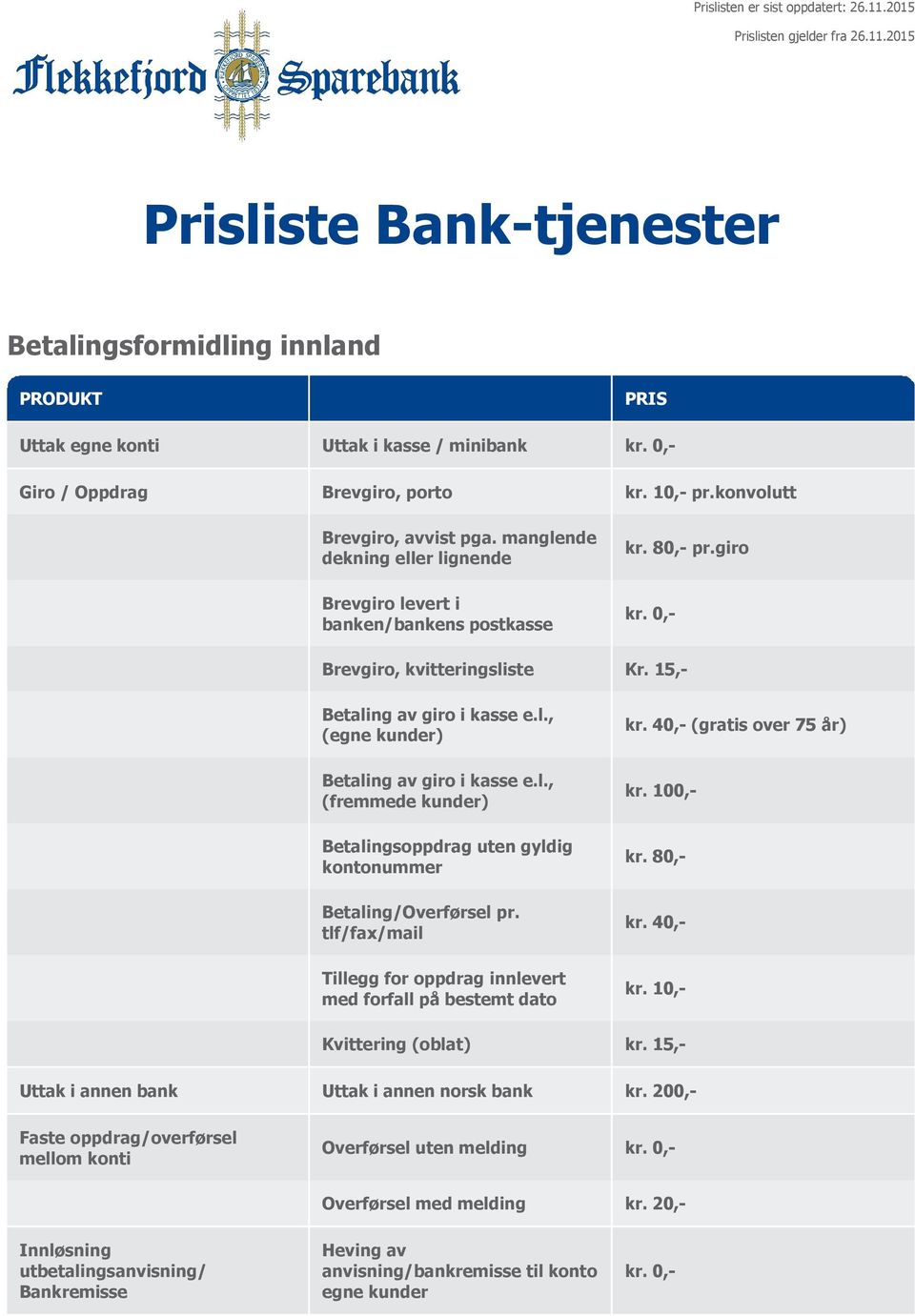 l., (fremmede kunder) Betalingsoppdrag uten gyldig kontonummer Betaling/Overførsel pr. tlf/fax/mail Tillegg for oppdrag innlevert med forfall på bestemt dato kr. 40, (gratis over 75 år) kr. 80, kr.