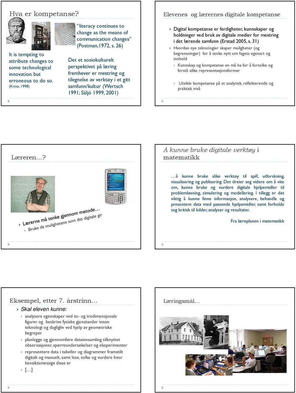 26) Det et sosiokulturelt perspektivet på læring fremhever er mestring og tilegnelse av verktøy i et gitt samfunn/kultur (Wertsch 1991; Säljö 1999, 2001) Digital kompetanse er ferdigheter, kunnskaper