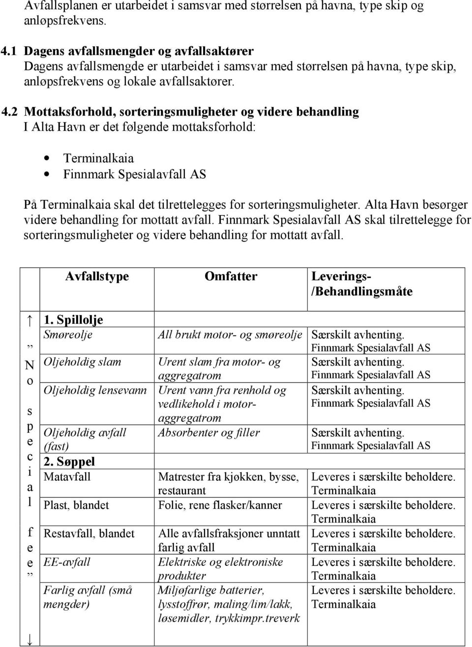 2 Mottaksforhold, sorteringsmuligheter og videre behandling I Alta Havn er det følgende mottaksforhold: Terminalkaia På Terminalkaia skal det tilrettelegges for sorteringsmuligheter.