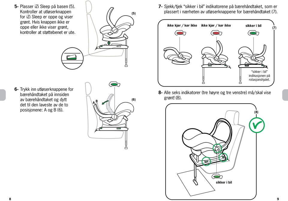 (5) 7- Sjekk/tjek sikker i bil indikatorene på bærehåndtaket, som er plassert i nærheten av utløserknappene for bærehåndtaket (7).
