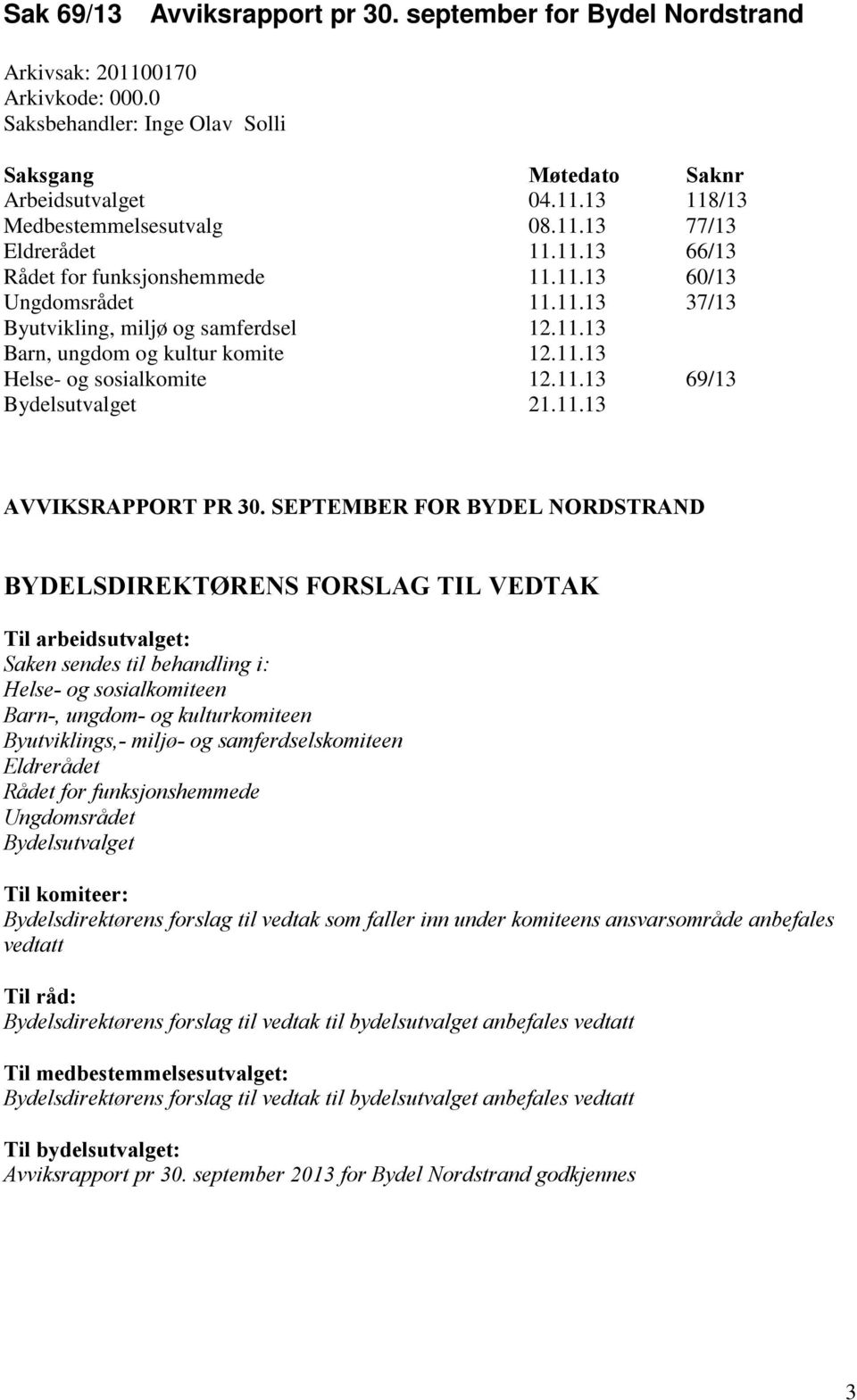 11.13 69/13 Bydelsutvalget 21.11.13 AVVIKSRAPPORT PR 30.