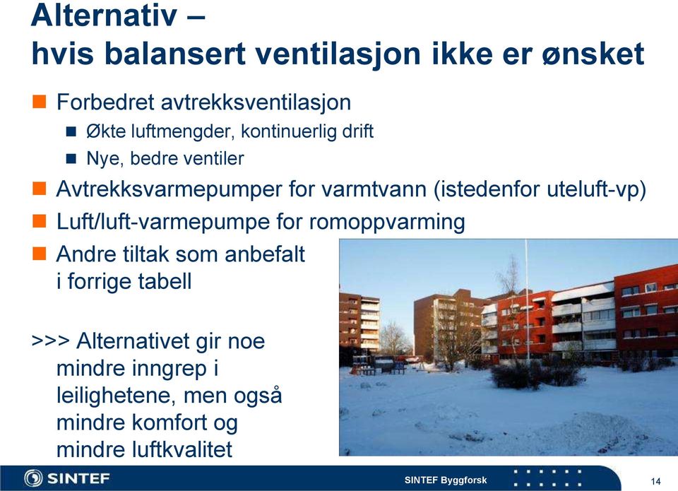 (istedenfor uteluft-vp) Luft/luft-varmepumpe for romoppvarming Andre tiltak som anbefalt i