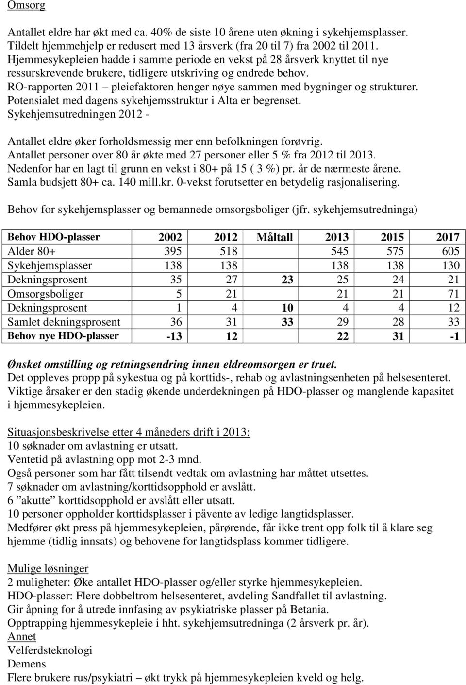 RO-rapporten 2011 pleiefaktoren henger nøye sammen med bygninger og strukturer. Potensialet med dagens sykehjemsstruktur i Alta er begrenset.