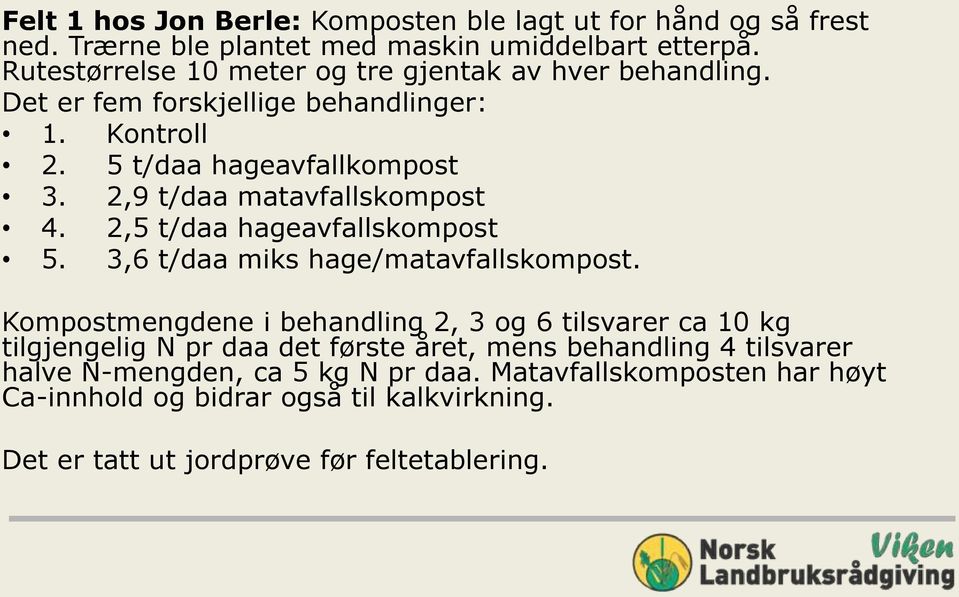 2,9 t/daa matavfallskompost 4. 2,5 t/daa hageavfallskompost 5. 3,6 t/daa miks hage/matavfallskompost.