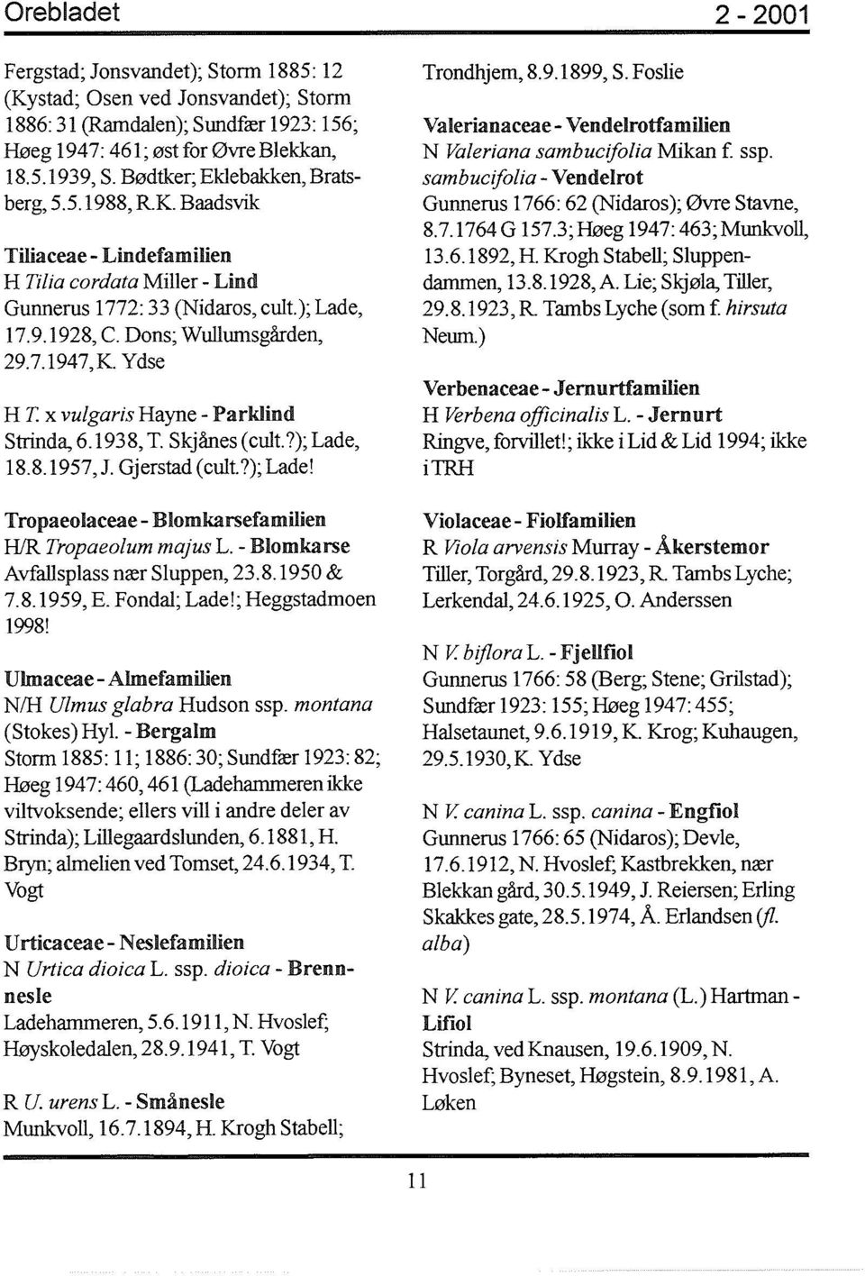 x vulgaris Hayne - Parklind Strinda, 6.1938, T. Skjånes (cult.?); Lade, 18.8.1957,1. Gjerstad (cult.?); Lade! Tropaeolaceae - Blomkarsefamilien HIR Tropaeolum majus L.