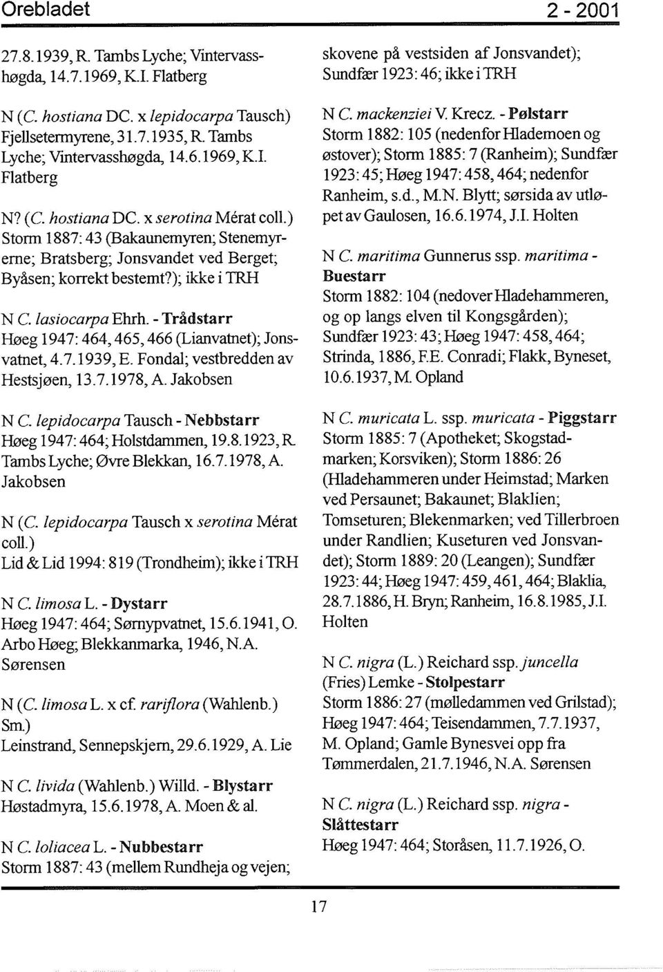 - Trådstarr Høeg 1947: 464,465,466 (Lianvatnet); Jonsvatnet, 4.7.1939, E. Fondal; vestbredden av Hestsjøen, 13.7.1978, A. Jakobsen N C. lepidocarpa Tausch - Nebbstarr Høeg 1947: 464; Holstdammen, 19.