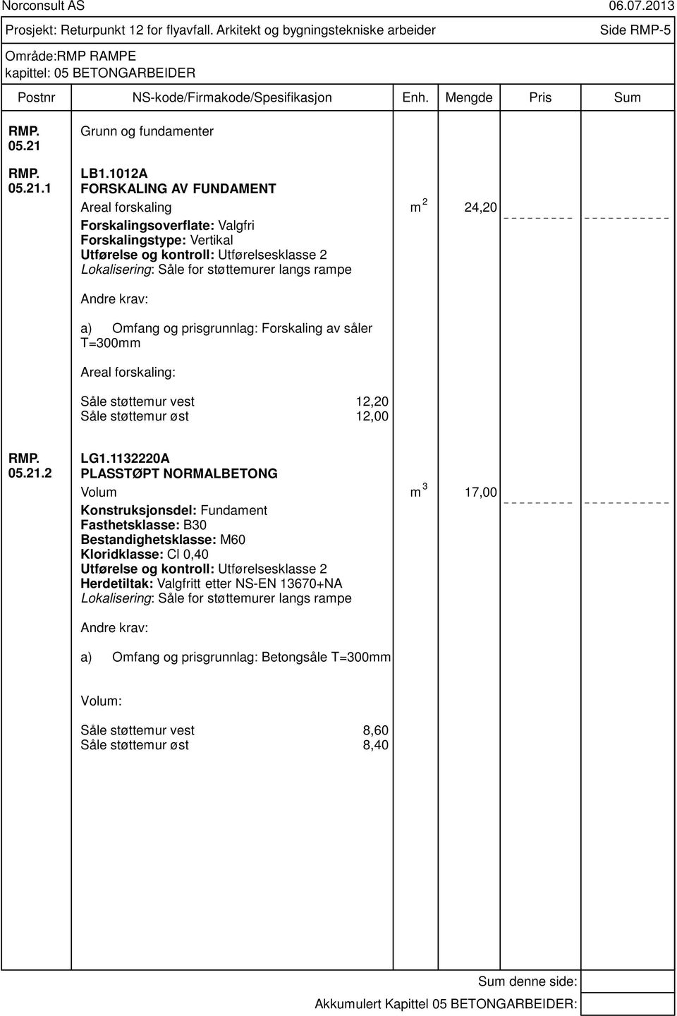 a) Omfang og prisgrunnlag: Forskaling av såler T=300mm Areal forskaling: Såle støttemur vest Såle støttemur øst 12,20 12,00 RMP. 05.21.2 LG1.