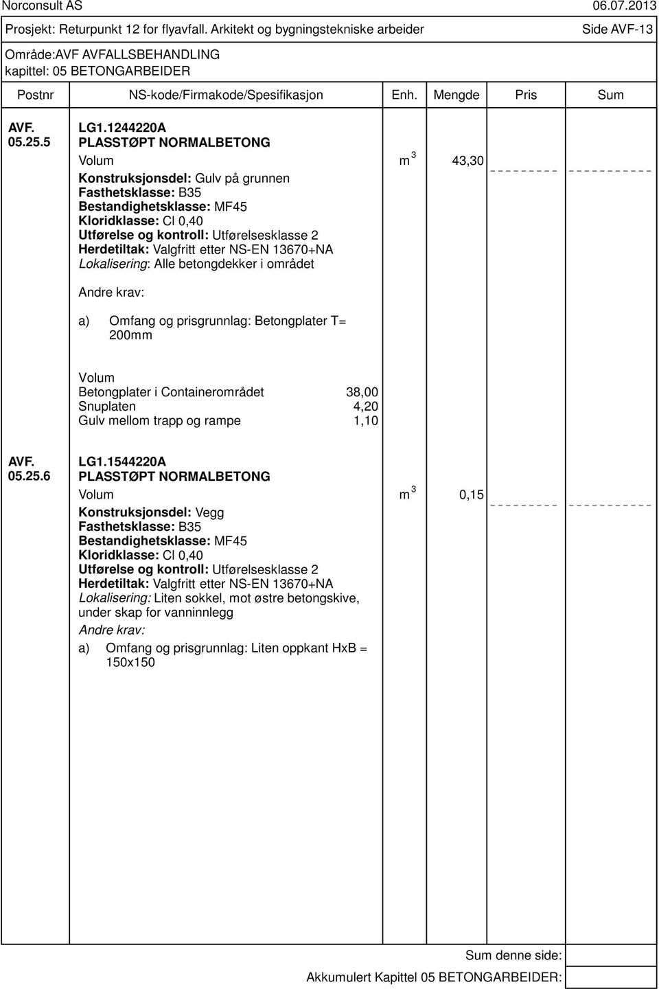 betongdekker i området a) Omfang og prisgrunnlag: Betongplater T= 200mm Volum Betongplater i Containerområdet Snuplaten Gulv mellom trapp og rampe 38,00