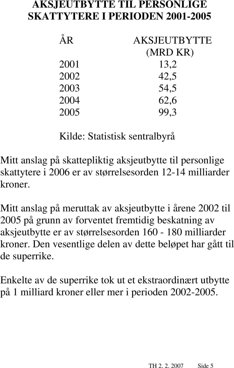 Mitt anslag på meruttak av aksjeutbytte i årene 2002 til 2005 på grunn av forventet fremtidig beskatning av aksjeutbytte er av størrelsesorden 160-180 milliarder