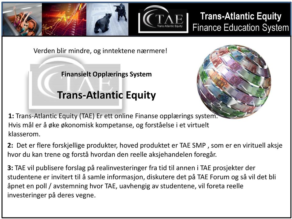 2: Det er flere forskjellige produkter, hoved produktet er TAE SMP, som er en virituell aksje hvor du kan trene og forstå hvordan den reelle aksjehandelen foregår.