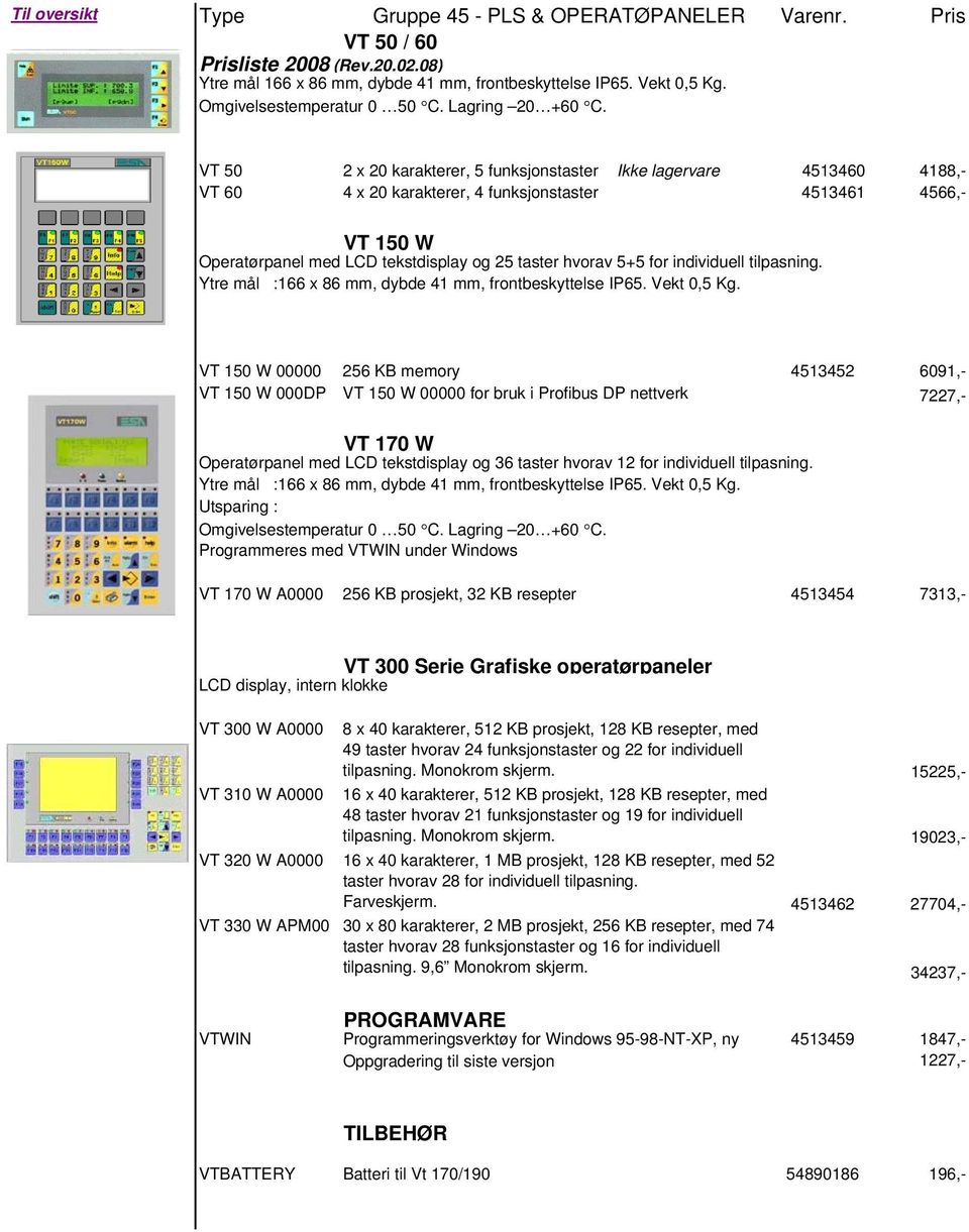 VT 50 2 x 20 karakterer, 5 funksjonstaster Ikke lagervare 4513460 4188,- VT 60 4 x 20 karakterer, 4 funksjonstaster 4513461 4566,- VT 150 W Operatørpanel med LCD tekstdisplay og 25 taster hvorav 5+5