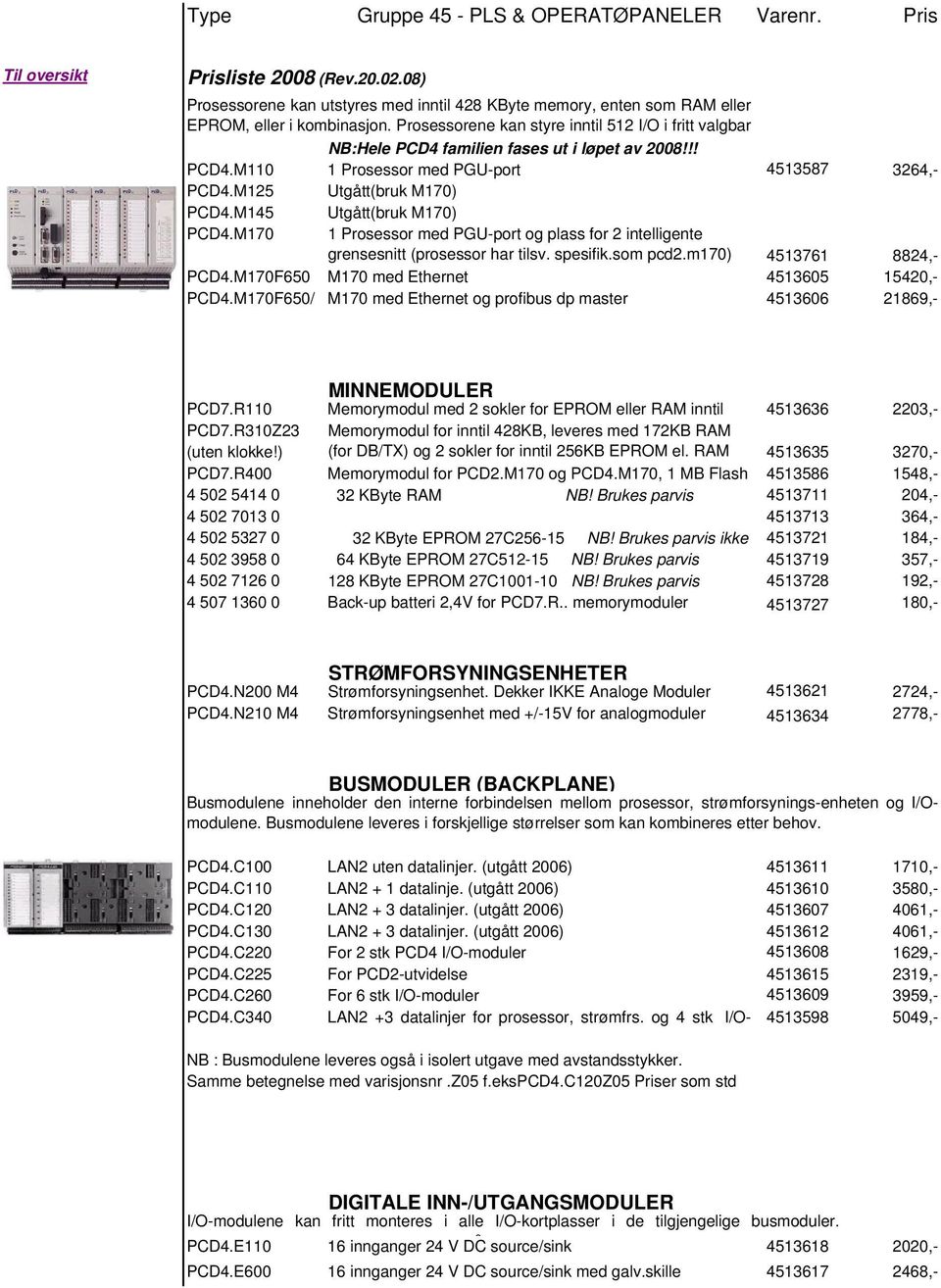 M145 Utgått(bruk M170) PCD4.M170 1 Prosessor med PGU-port og plass for 2 intelligente grensesnitt (prosessor har tilsv. spesifik.som pcd2.m170) 4513761 8824,- PCD4.