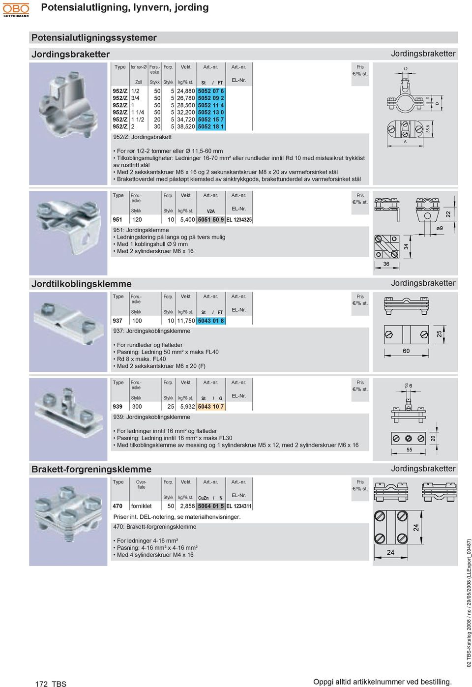 5052 18 1 952/Z: Jordingsbrakett For rør 1/2-2 tommer eller Ø 11,5-60 mm Ledninger 16-70 mm² eller rundleder inntil Rd 10 med mistesikret trykklist av rustfritt stål Med 2 sekskantskruer M6 x 16 og 2