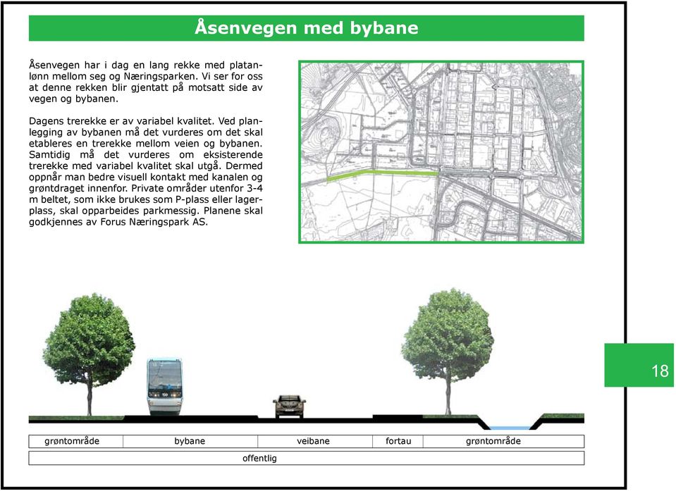 Ved planlegging av bybanen må det vurderes om det skal etableres en trerekke mellom veien og bybanen.