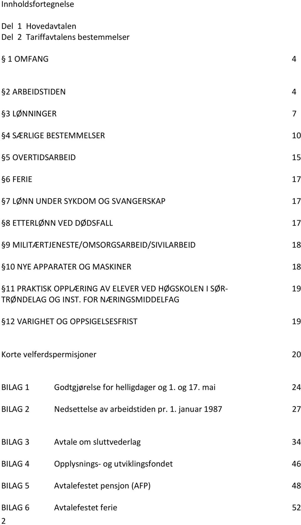 19 TRØNDELAG OG INST. FOR NÆRINGSMIDDELFAG 12 VARIGHET OG OPPSIGELSESFRIST 19 Korte velferdspermisjoner 20 BILAG 1 Godtgjørelse for helligdager og 1. og 17.