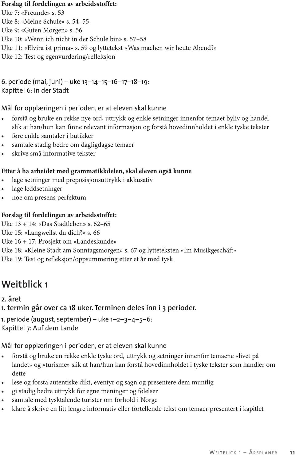 periode (mai, juni) uke 13 14 15 16 17 18 19: Kapittel 6: In der Stadt forstå og bruke en rekke nye ord, uttrykk og enkle setninger innenfor temaet byliv og handel slik at han/hun kan finne relevant