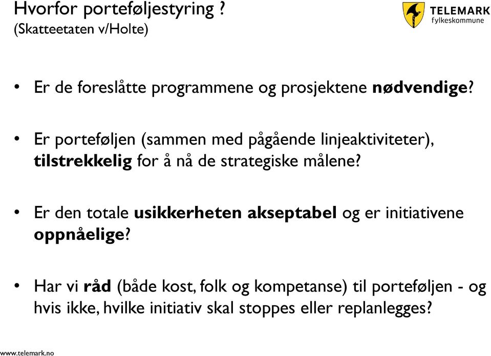 Er porteføljen (sammen med pågående linjeaktiviteter), tilstrekkelig for å nå de strategiske målene?