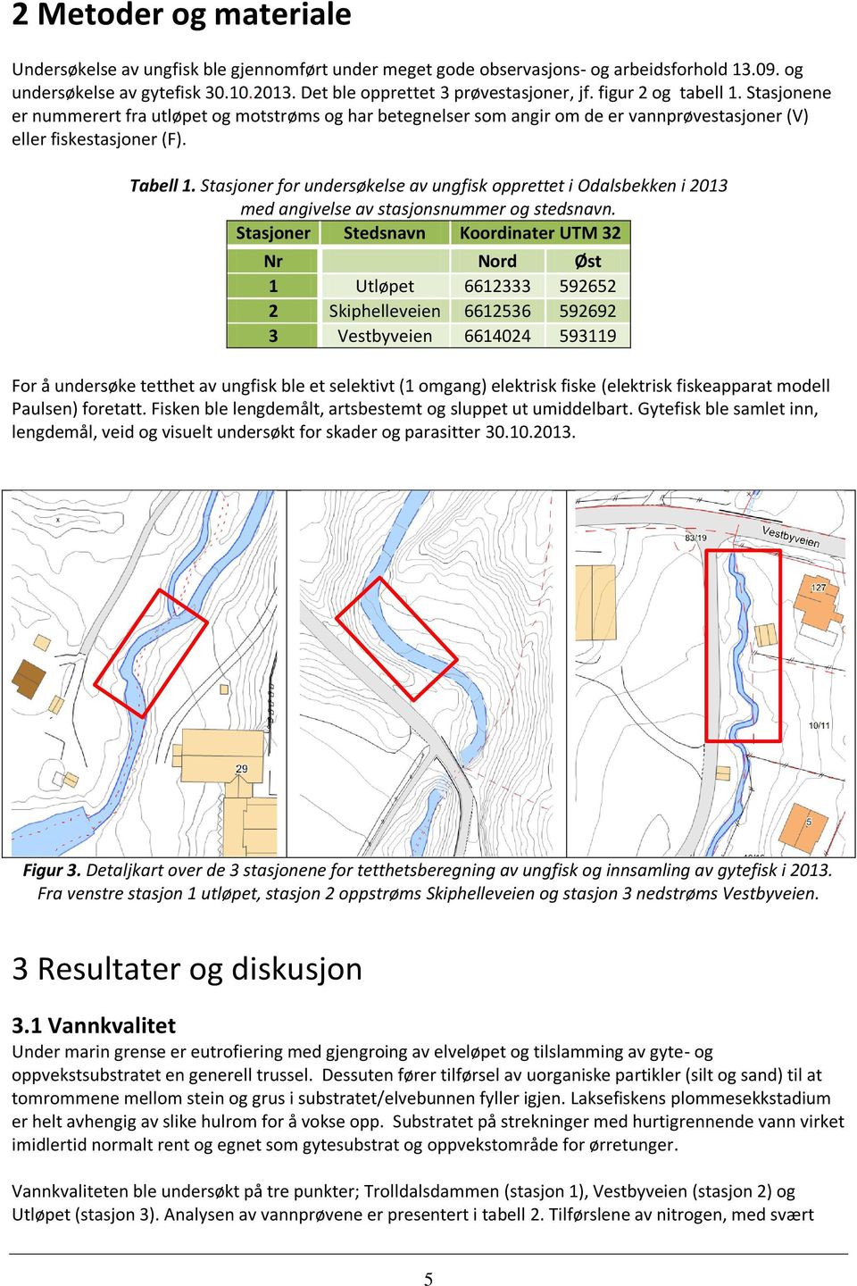 Stasjoner for undersøkelse av ungfisk opprettet i Odalsbekken i 2013 med angivelse av stasjonsnummer og stedsnavn.