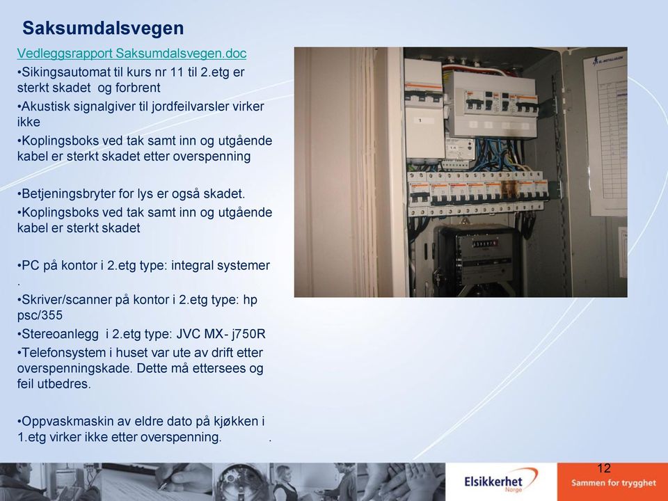 Betjeningsbryter for lys er også skadet. Koplingsboks ved tak samt inn og utgående kabel er sterkt skadet PC på kontor i 2.etg type: integral systemer.