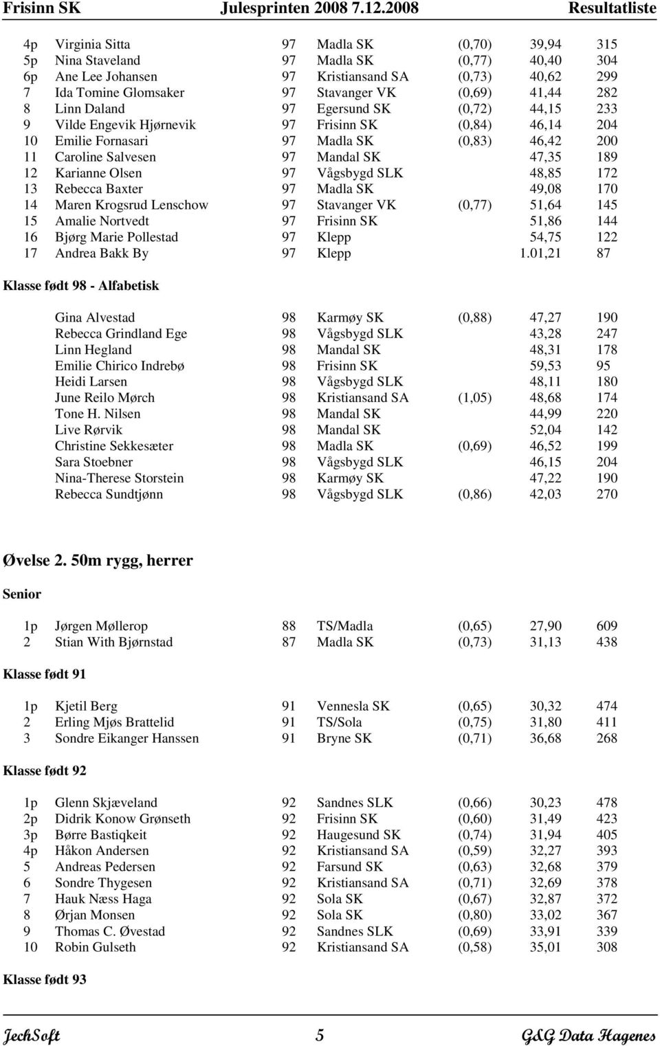 Vågsbygd SLK 48,85 172 13 Rebecca Baxter Madla SK 49,08 170 14 Maren Krogsrud Lenschow Stavanger VK (0,77) 51,64 145 15 Amalie Nortvedt Frisinn SK 51,86 144 16 Bjørg Marie Pollestad Klepp 54,75 122