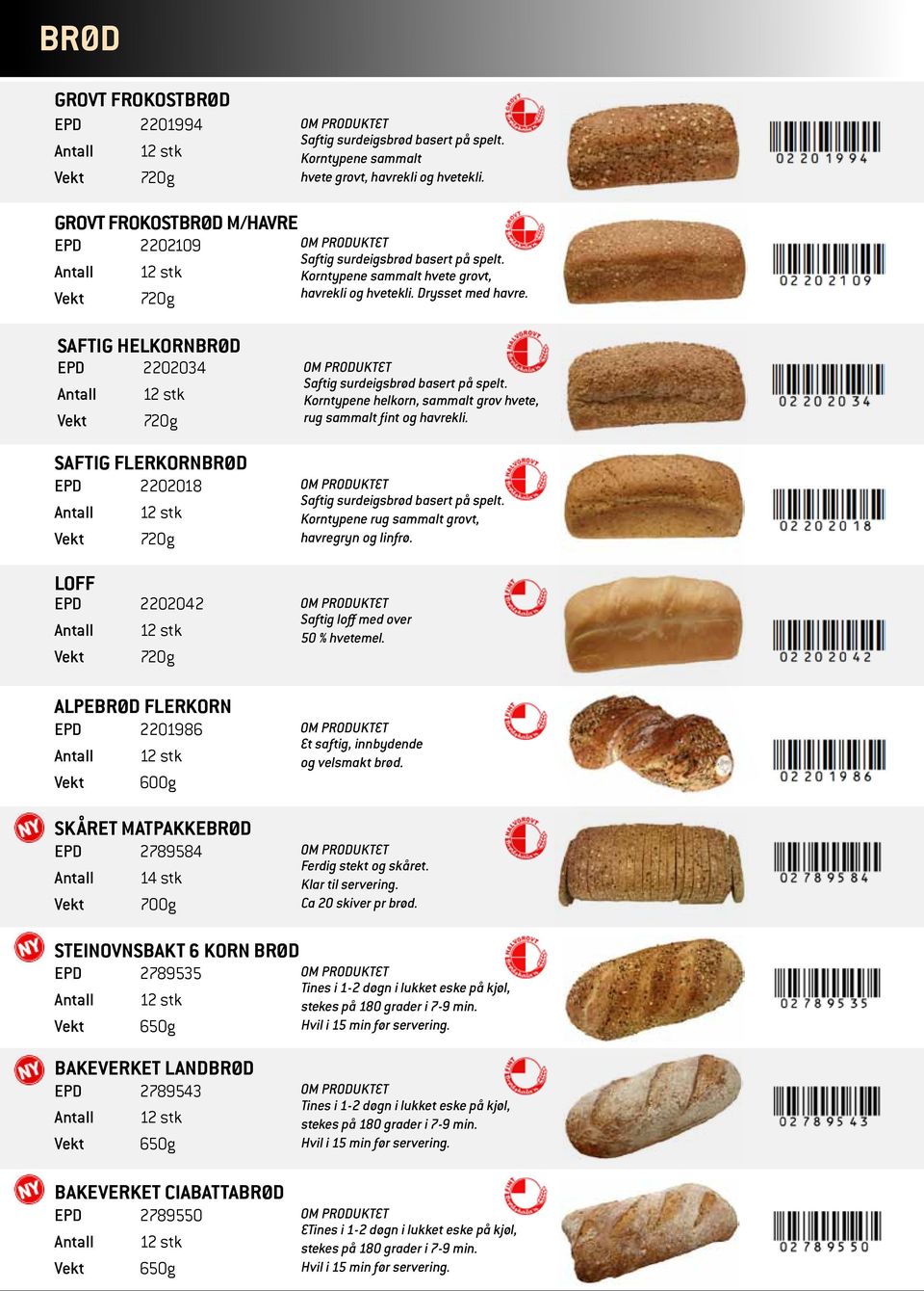 Saftig helkornbrød EPD 2202034 Vekt 720g Saftig Flerkornbrød EPD 2202018 Vekt 720g Loff EPD 2202042 Vekt 720g Alpebrød Flerkorn EPD 2201986 Vekt 600g Skåret matpakkebrød EPD 2789584 Antall 14 stk