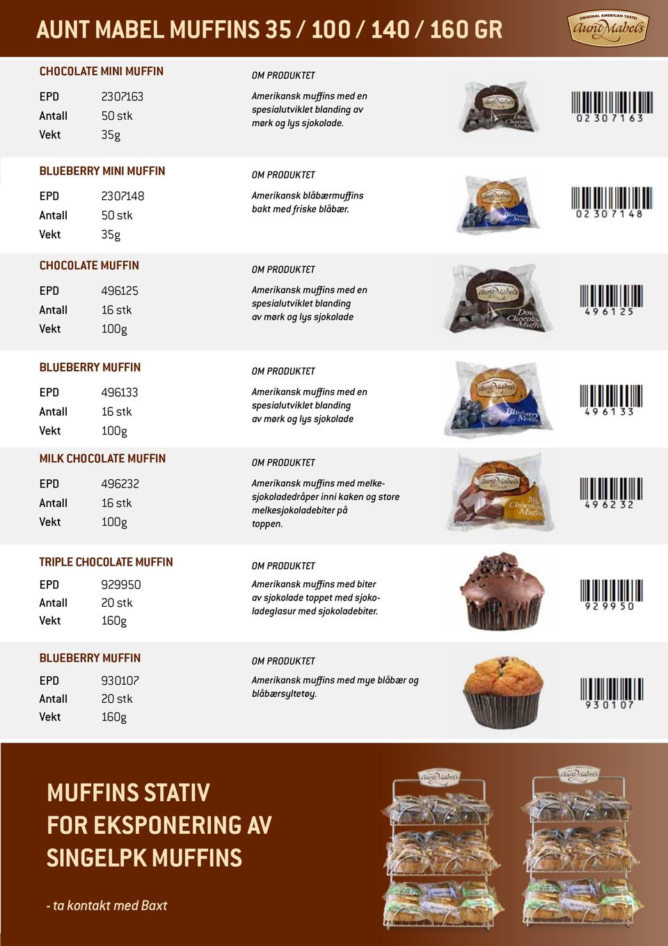 Amerikansk muffins med en spesialutviklet blanding av mørk og lys sjokolade Blueberry Muffin EPD 496133 Antall 16 stk Vekt 100g Milk Chocolate Muffin EPD 496232 Antall 16 stk Vekt 100g Amerikansk