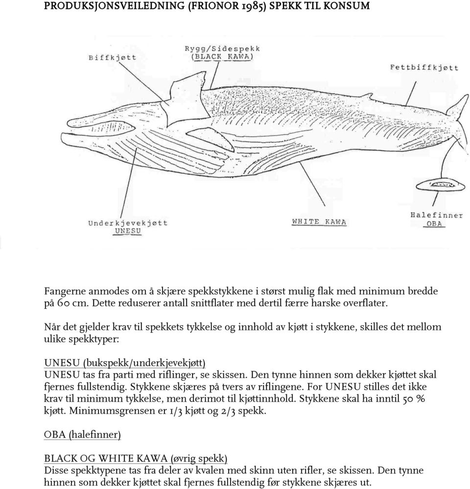 Når det gjelder krav til spekkets tykkelse og innhold av kjøtt i stykkene, skilles det mellom ulike spekktyper: UNESU (bukspekk/underkjevekjøtt) UNESU tas fra parti med riflinger, se skissen.