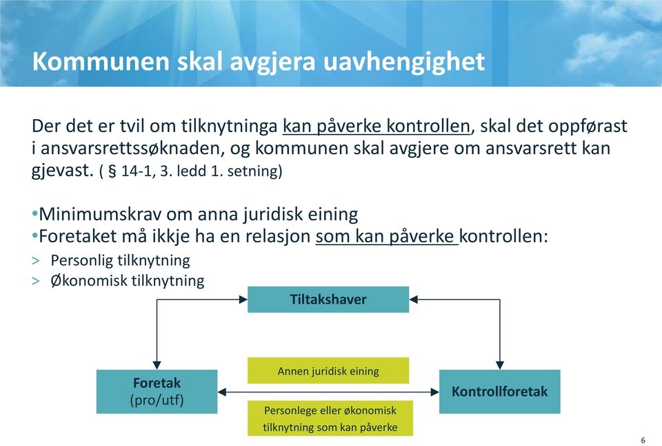 setning) Minimumskrav om anna juridisk eining Foretaket må ikkje ha en relasjon som kan påverke kontrollen: > Personlig