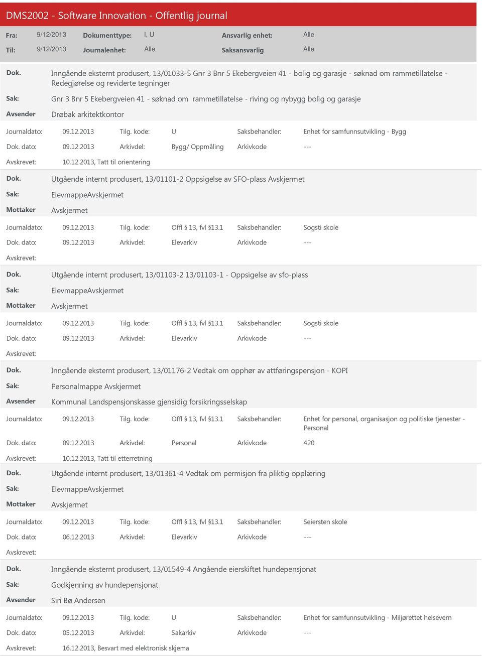 12.2013 Elevarkiv tgående internt produsert, 13/01103-2 13/01103-1 - Oppsigelse av sfo-plass Elevmappe dato: 09.12.2013 Elevarkiv Inngående eksternt produsert, 13/01176-2 Vedtak om opphør av