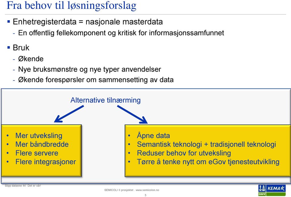 sammensetting av data Alternative tilnærming Mer utveksling Mer båndbredde Flere servere Flere integrasjoner Åpne