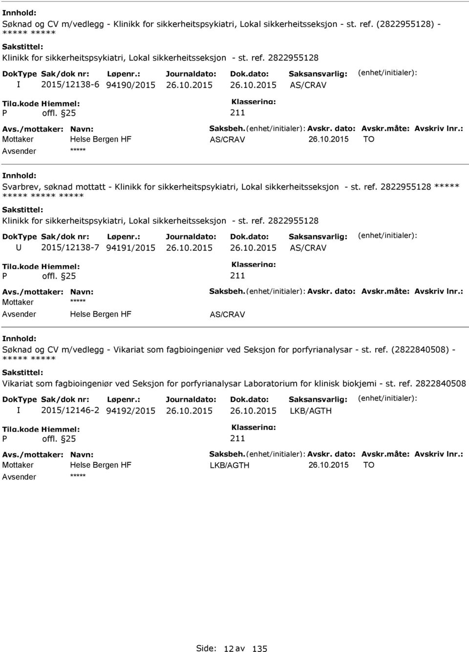 2822955128 ***** Klinikk for sikkerheitspsykiatri, Lokal sikkerheitsseksjon - st. ref. 2822955128 2015/12138-7 94191/2015 AS/CRAV Avs./mottaker: Navn: Saksbeh. Avskr. dato: Avskr.måte: Avskriv lnr.