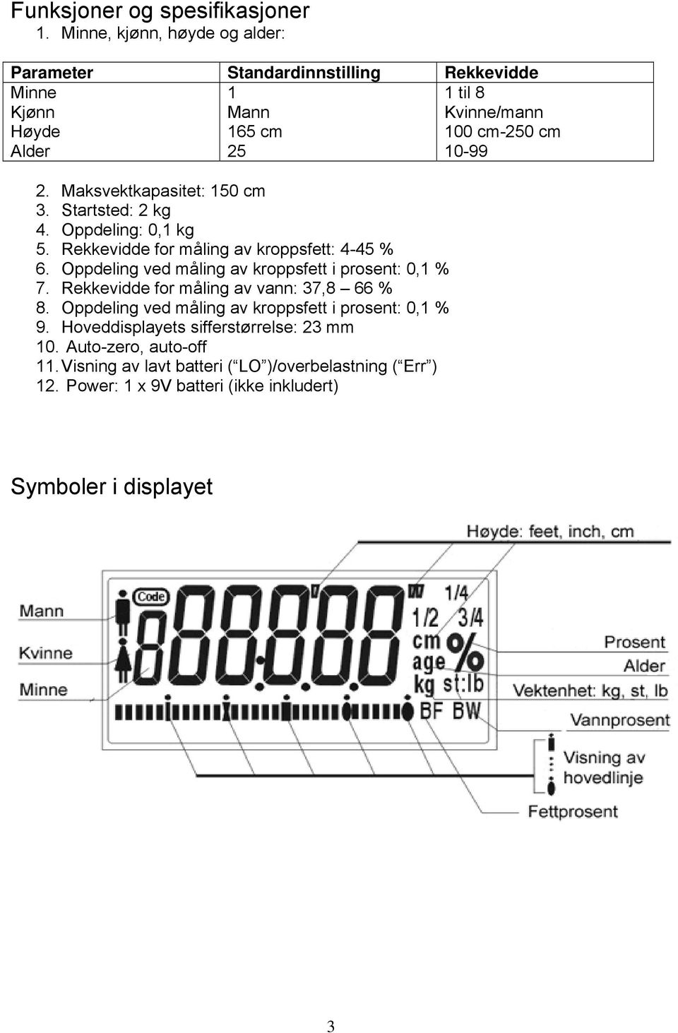 Maksvektkapasitet: 150 cm 3. Startsted: 2 kg 4. Oppdeling: 0,1 kg 5. Rekkevidde for måling av kroppsfett: 4-45 % 6.