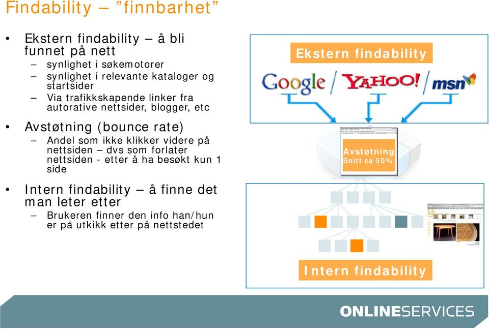 videre på nettsiden dvs som forlater nettsiden - etter å ha besøkt kun 1 side Intern findability å finne det man leter etter