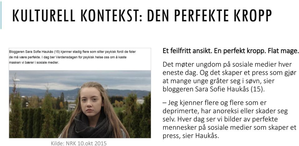 Og det skaper et press som gjør at mange unge gråter seg i søvn, sier bloggeren Sara Sofie Haukås (15).